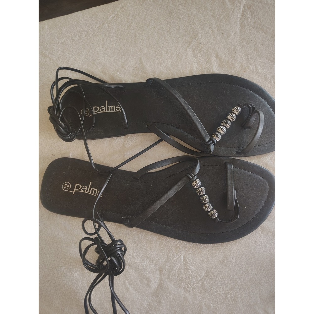 Palms Black Lace Up Gladiator Sandals Silver Bead Toe Loop Flat Shoes Size 12